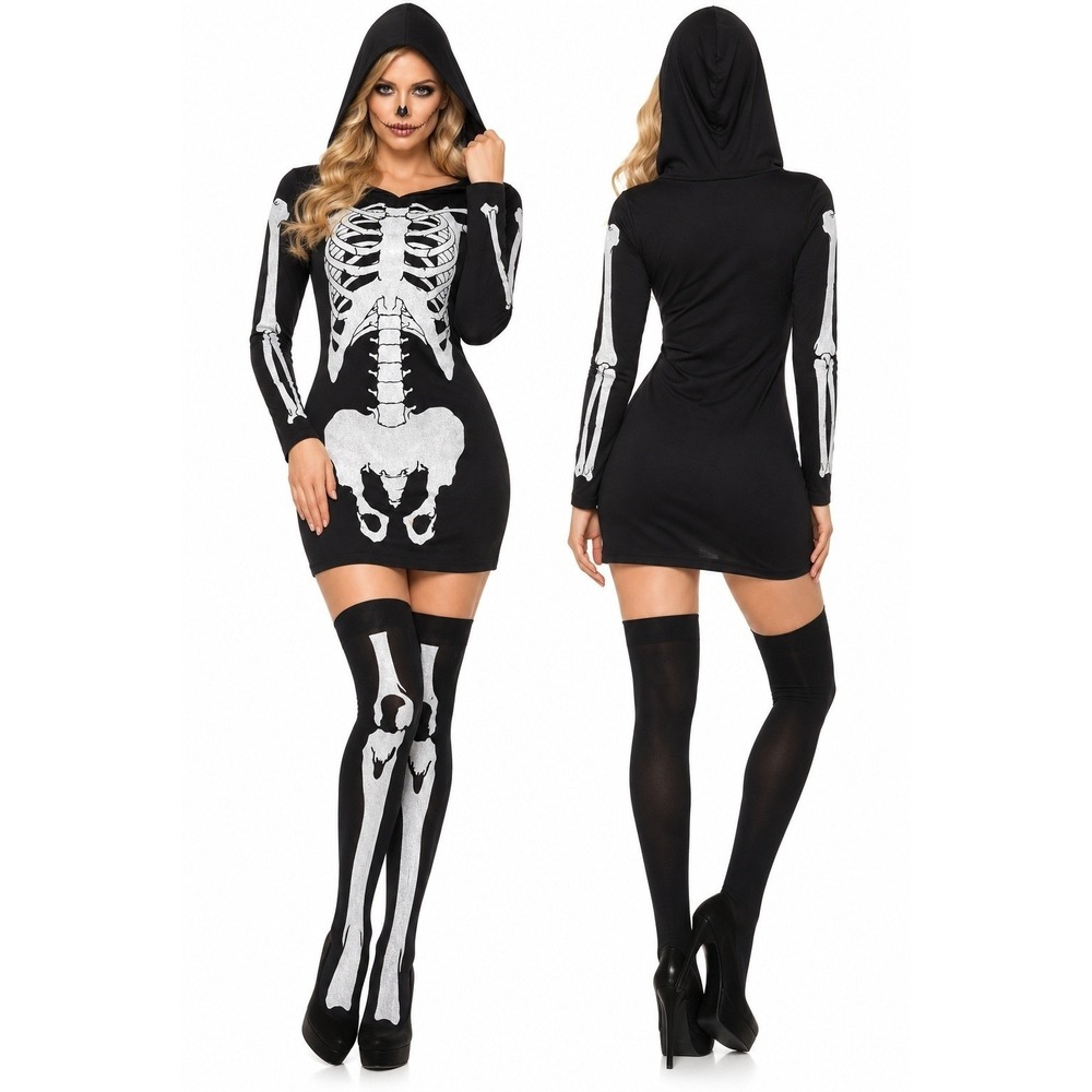 Spirit Halloween Skeleton Lady Costume Women Small 4-6 Hooded Dress Thigh Highs